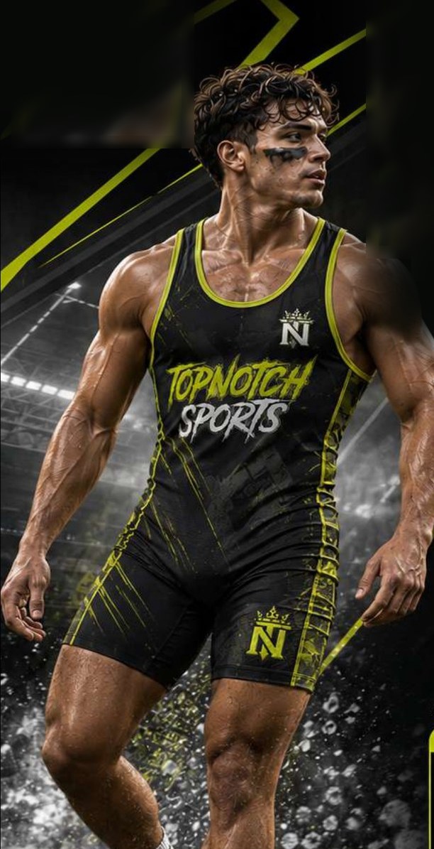 Wrestler in a black and volt Top Notch Sports custom singlet walking through a packed arena