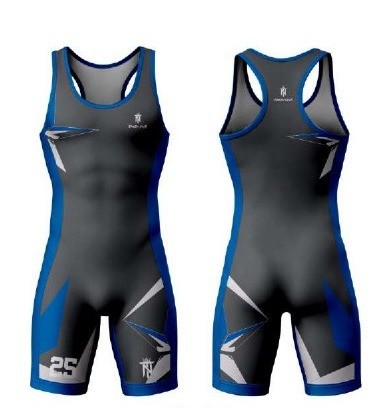 The same wrestling singlet design in the catalog grey and blue colorway